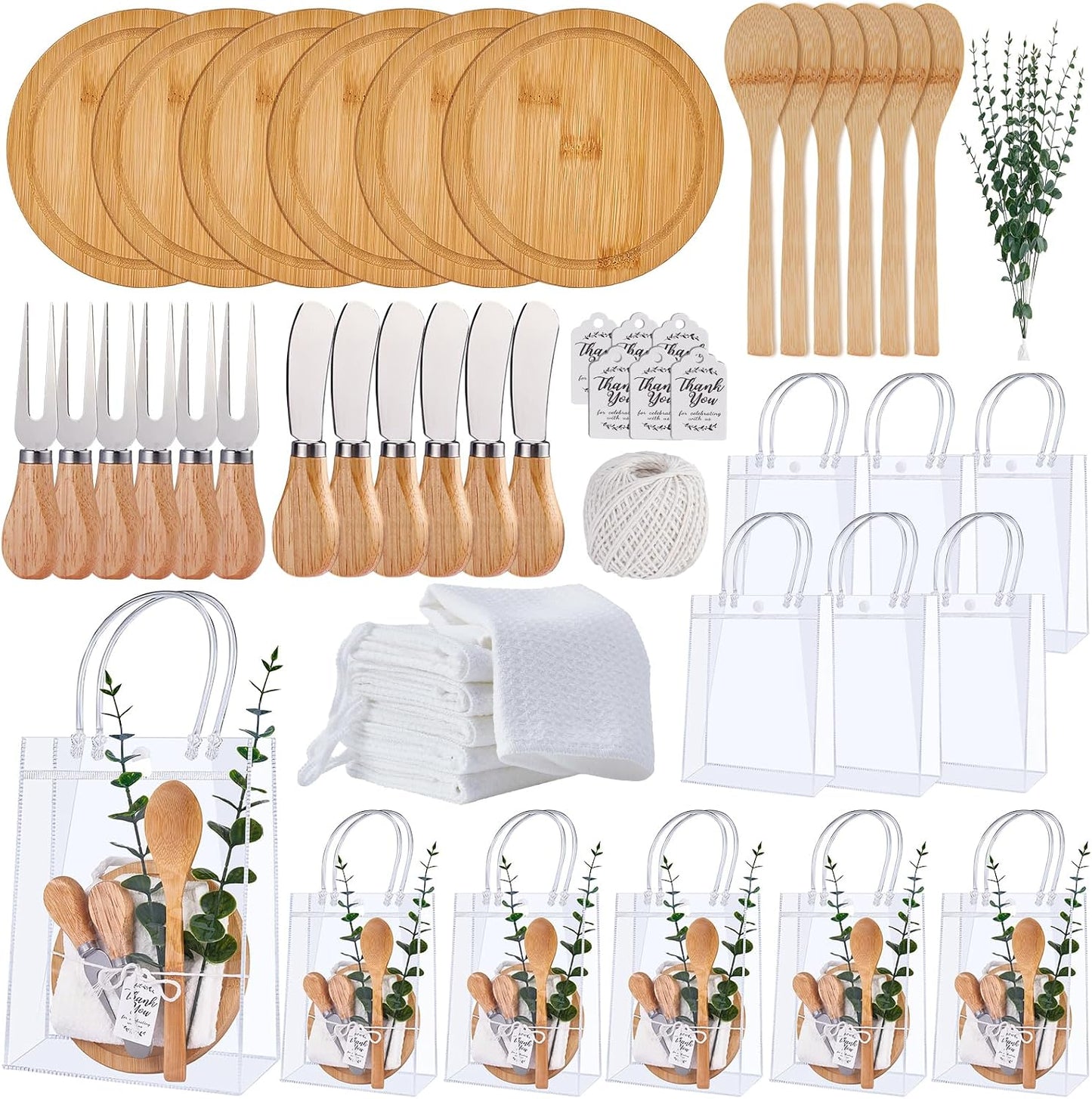 55Pcs Baby Shower Prizes for Game Winners 6 Sets Charcuterie Board with Spoons Butter Spreaders Forks Plaid Towel Thanks Card and Gift Bags for Bridal Shower Favors Party (Heart Shaped)