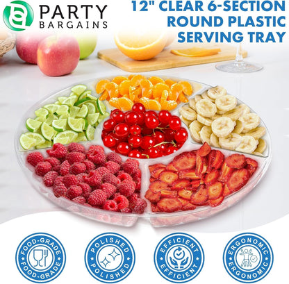 PARTY BARGAINS 12" Round Plastic Serving Tray, 6-Sections, Clear, Pack of 1