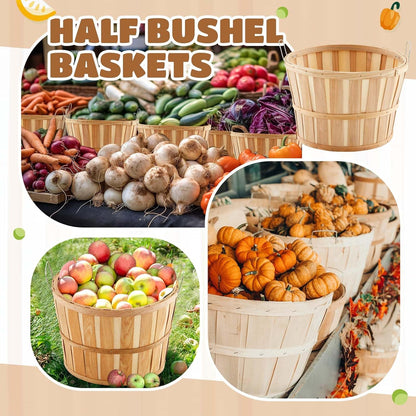 Marsui 6 Pcs Jumbo Half Bushel Baskets, 14 x 9.5 Inch Large Round Wooden Apple Basket with Handles Handcrafted Produce for Farmers Market Harvest Fruit Plants or Commercial Use