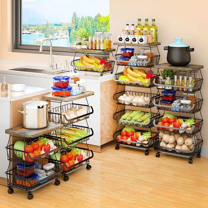 MURRI&MURRDI Fruit Vegetable Storage Basket with Wooden Lid, 6 Tier Stackable Wire Kitchen Cart with Wheels, Tall Produce Snack Racks Display, Narrow Rolling Cart for Pantry Onion Potato, Black