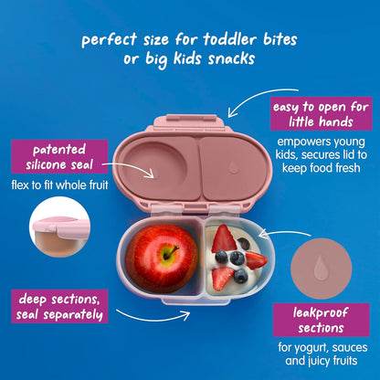 b.box Snack Box 2-Pack - Leak Proof Mini Bento Box for Kids & Toddlers, 2 Compartment Snack Containers for Kids, Dishwasher Safe, BPA-Free, PFAS-Free, Ages 4mo+, 1 3/4 Cup Each (Strawberry + Lilac)
