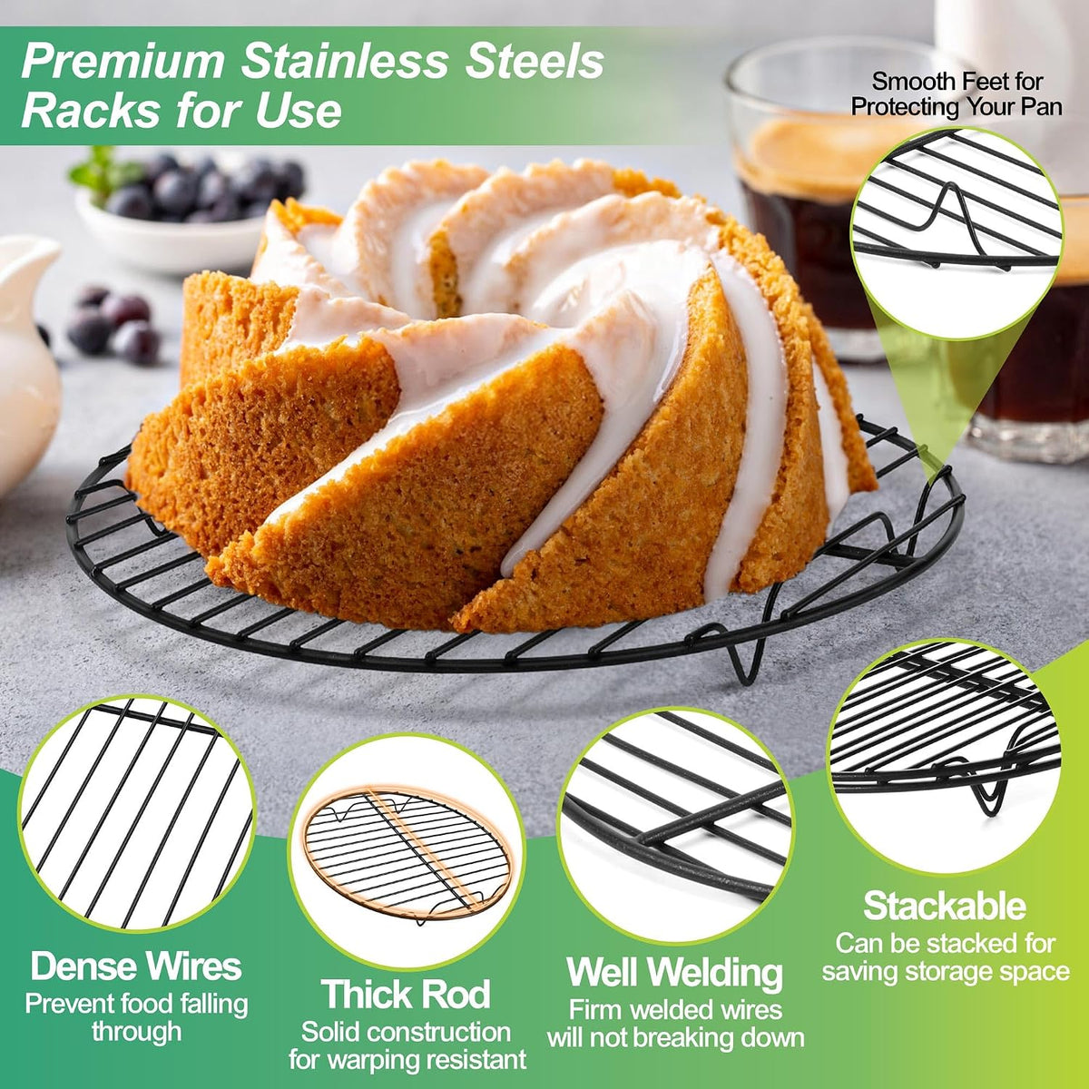 P&P CHEF 9 Inch Cooking Rack Round for Steaming Cooling, Silver, 2 Pack