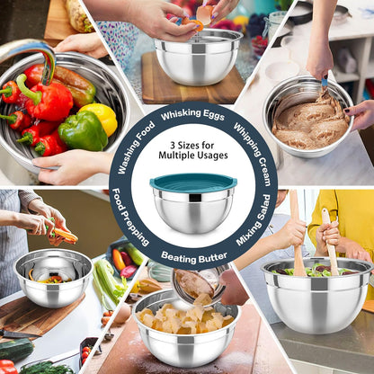 P&P CHEF Black Mixing Bowls with Lids, Set of 3, Stainless Steel Salad Nesting Bowl for Mixing, Storing, Prepping, Airtight & Stackable, Size 4.6/3 /1.5 QT