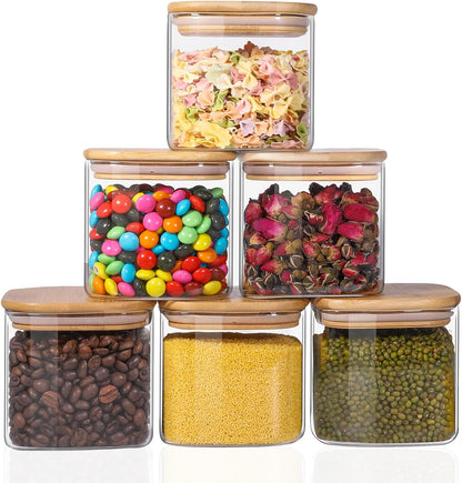 Glass Food Storage Jars 37 oz Set of 6,Glass Storage Containers Clear Glass Food Canister with Bamboo Lid Airtight For Serving Tea, Coffee, Flour, Sugar, Candy, Cookie, Spice and More (Square)