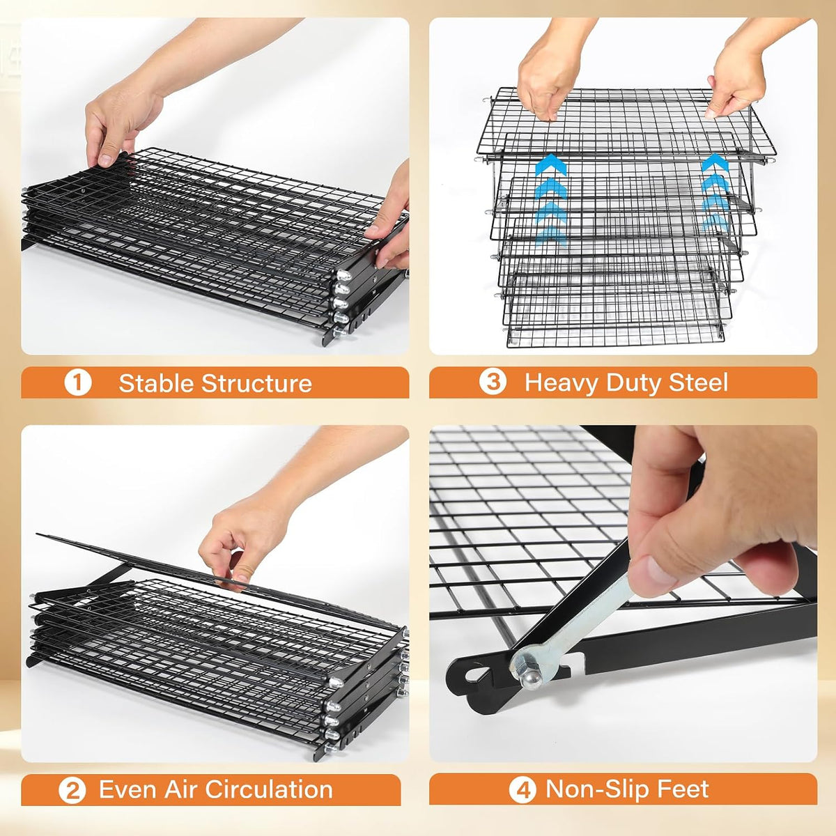 6 Tier Upgraded Collapsible Cooling Rack with Adjustable 3 Setting Design, Stackable Baking Rack with Clean Brush, Roasting Cooking Drying Wire Cooling Rack for Cookies Baking Roasting ＆ Grilling
