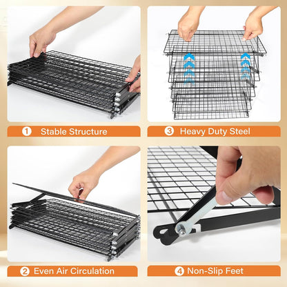6 Tier Upgraded Collapsible Cooling Rack with Adjustable 3 Setting Design, Stackable Baking Rack with Clean Brush, Roasting Cooking Drying Wire Cooling Rack for Cookies Baking Roasting ＆ Grilling