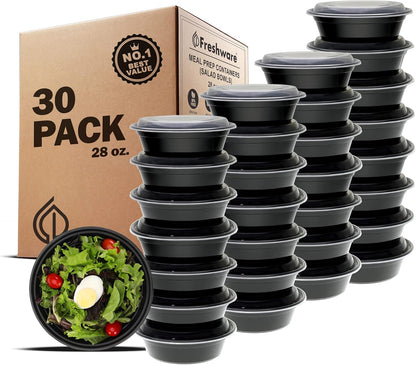 Freshware Meal Prep Containers [15 Pack] 2 Compartment with Lids, Food Storage Containers, Bento Box, BPA Free, Stackable, Microwave/Dishwasher/Freezer Safe (28 oz), Black