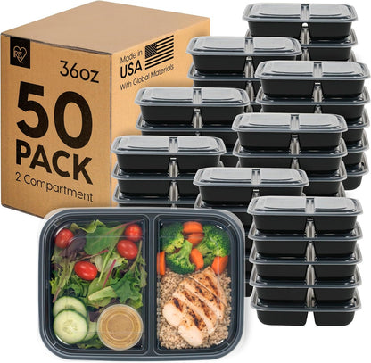 IRIS USA Meal Prep Containers, 36oz - 50 Pack (100-Piece) 3-Compartment Reusable Food Storage Containers with Lids, Plastic Kitchen Food Prep To Go Lunch Box, Microwave Freezer Dishwasher Safe, Black