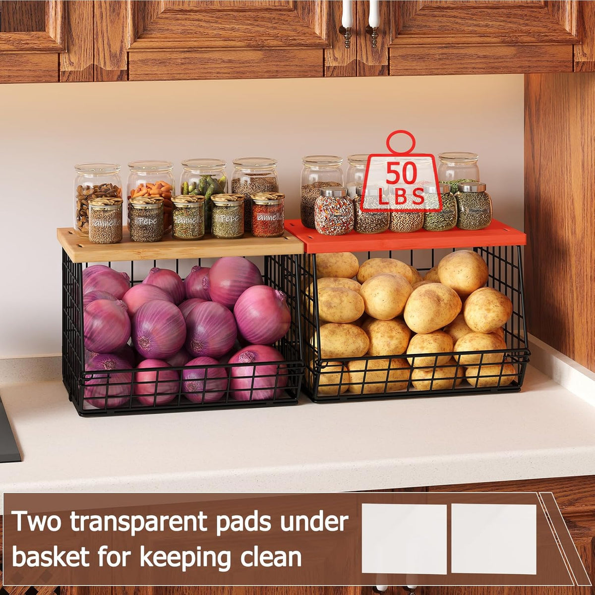 3 Pack Extra Large Fruit Basket for Kitchen with Wood Lid Nameplate - Counter&Wall Mounted Onion and Potato Storage Bin, Stackable Metal Hanging Wire Baskets,15.74 * 8.66 * 10.63 inch