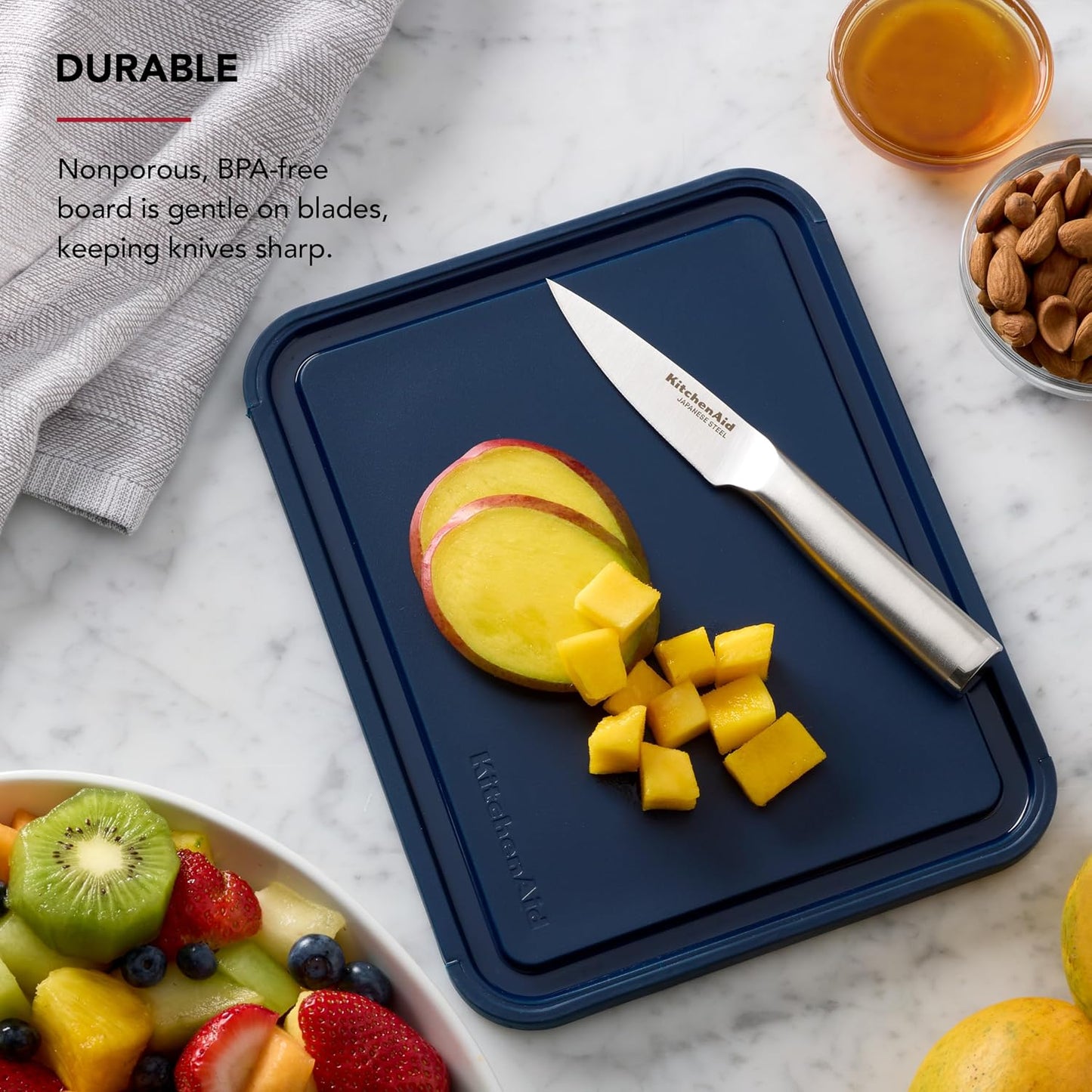 KitchenAid Classic Plastic Cutting Board with Perimeter Trench and Non Slip Edges, Dishwasher Safe, 12 inch x 18 inch, Gray
