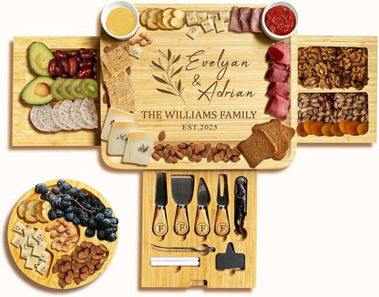 Personalized Bamboo Charcuterie Board Gift Set with 3 Drawers & Utensils, Custom Cheese Board with Round Tray, Housewarming, Wedding & Birthday Gift for Couples and Family
