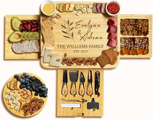 Personalized Bamboo Charcuterie Board Gift Set with 3 Drawers & Utensils, Custom Cheese Board with Round Tray, Housewarming, Wedding & Birthday Gift for Couples and Family