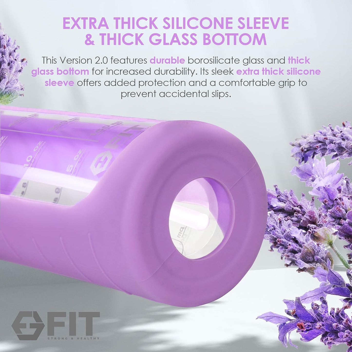 FIT Strong & Healthy 2 & 3 Compartment Glass Meal Prep Containers with LAVENDER Lids (4 Pack, 32 oz) and 32 oz Glass Water Bottle with Straw Lid, Time Marker, Sleeve & Extra Lid Bundle