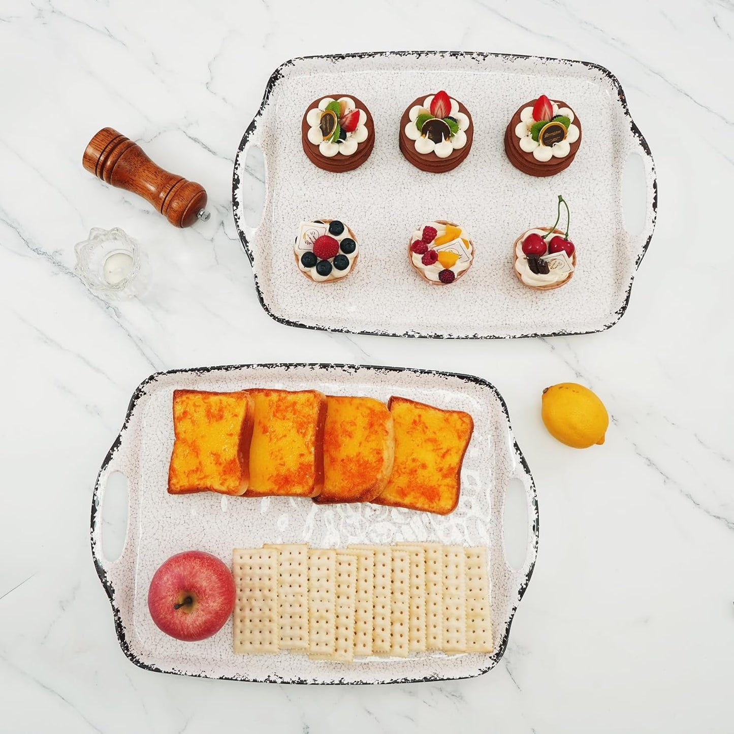 TP Large Serving Trays with Handles, 19" x 12" Melamine Serving Platters for Food, Turkey, Set of 2 Rectangular Trays for Party, Pure White