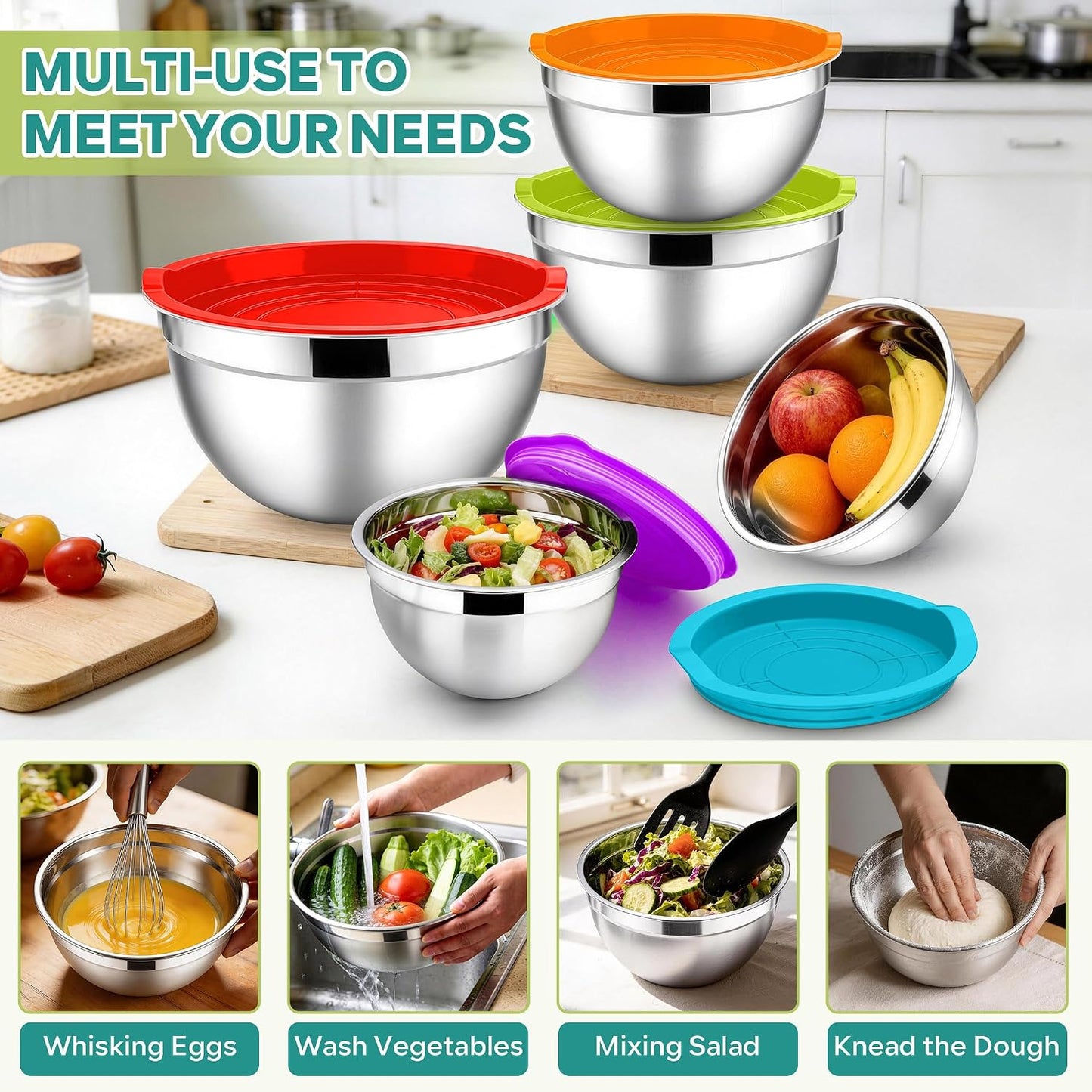 E-far Mixing Bowls With Lids Sets of 5, 10-Piece Stainless Steel Salad Metal Nesting Bowl for Baking Cooking and Prepping, Airtight Lid & Stackable Design, Size 4.6, 3, 2.1, 1.5, 0.7 QT, Black