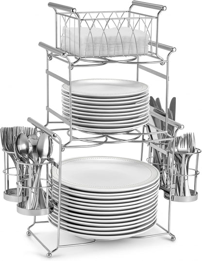 Sorbus® Buffet Caddy — 7-Piece Stackable Set Includes Plate, Napkin, and Silverware Holder, 3-Tier Detachable Tabletop Organizer — Ideal for Kitchen, Dining, Entertaining, Parties,Thanksgiving (Black)