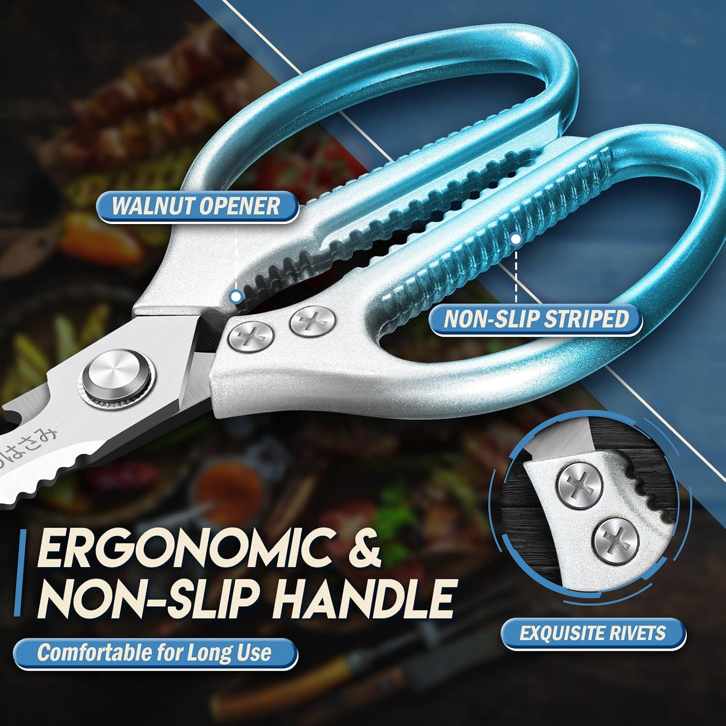 TIJERAS Kitchen Scissors Set Blue - Stainless Steel Kitchen Shear, Sharp Meat Scissors Dishwasher Safe, Heavy Duty Poultry Shears, Japanese Cooking Scissor for Food, Chicken,Turkey, Christmas Gifts