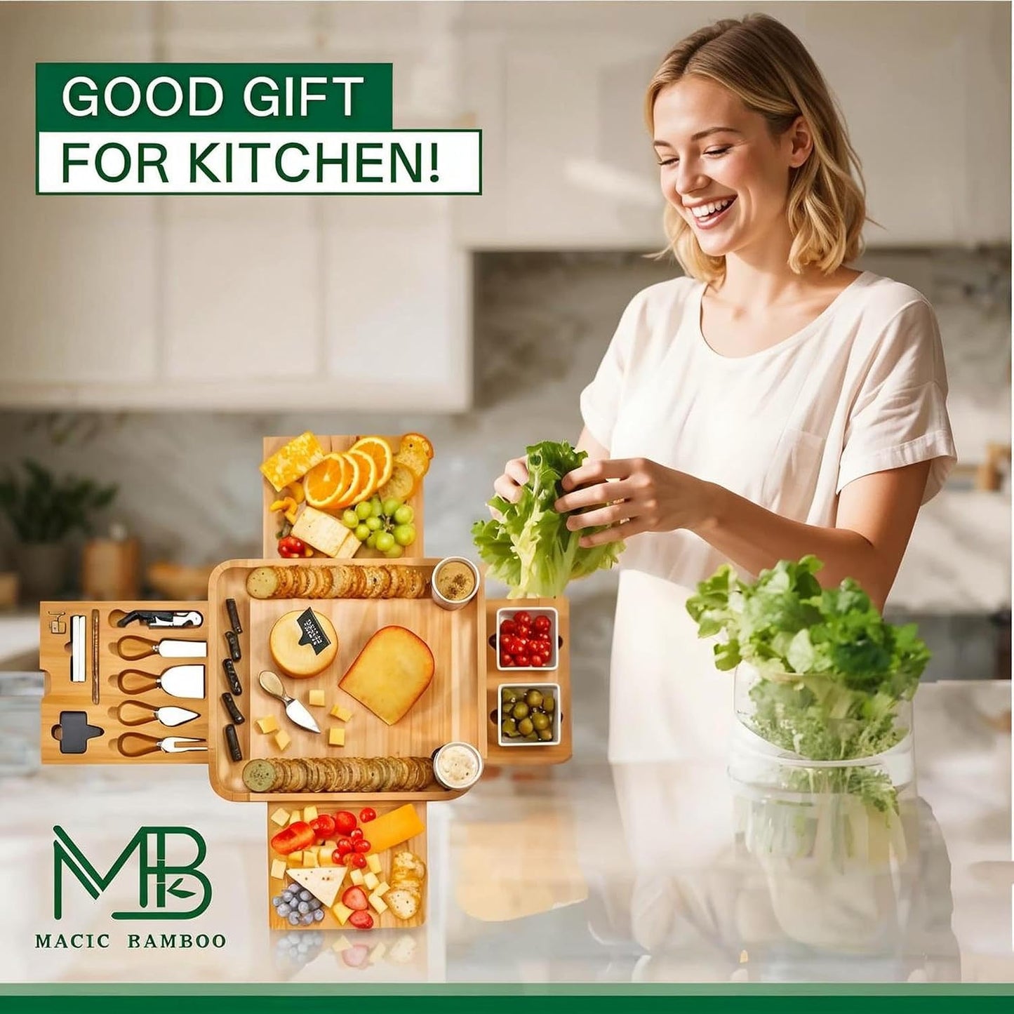 Large Bamboo Charcuterie Boards Gift Set with 4 Hidden Drawers, Cheese Knives, Ceramic Bowls & Plates, Recipe Book, Perfect House Warming Gifts New Home