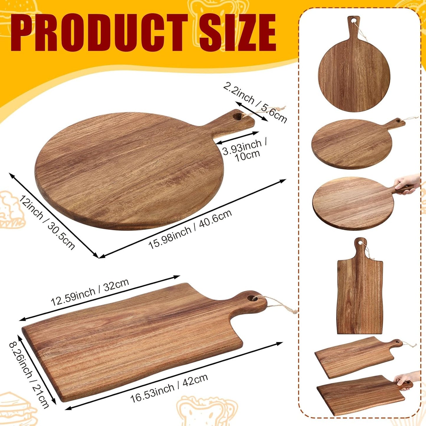 Hsei 2 Pcs Acacia Wood Cutting Board with Handle Wooden Charcuterie Board Large Paddle Carving Chopping Set Butter Serving Tray for Cheese Meat Fruit Pizza Bread(Vintage Style, 16x12, 17x13 Inch)
