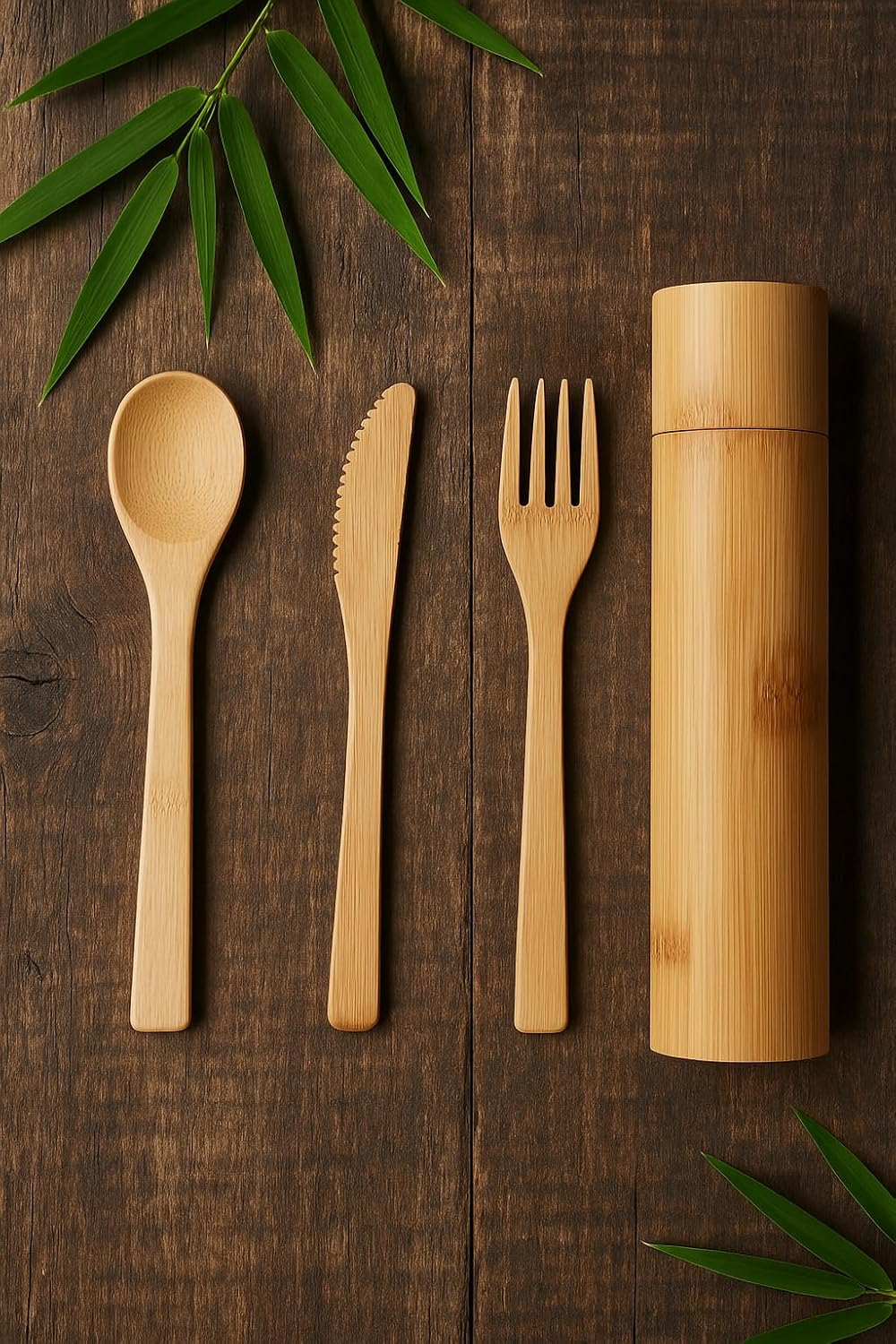 Eco-Friendly Travel Utensils Set: Lightweight Bamboo Forks, Spoons, Knives in Wooden Case, Reusable Utensils for Lunch Box, Kids Camping Cutlery, Sustainable Portable Flatware