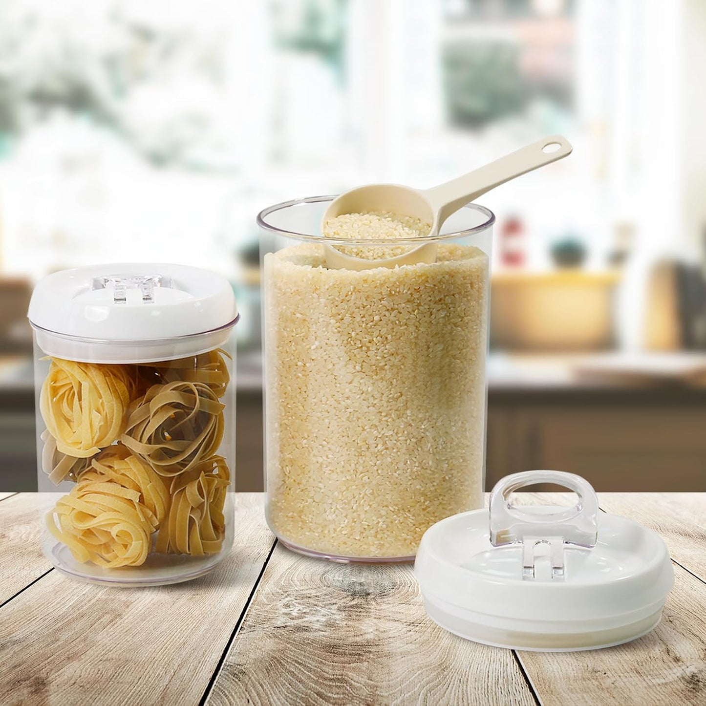 Felli Flip Tite Acrylic Food Storage Container with Lid 6” XL Air Tight Ring Seal Flip Top, Plastic Kitchen Baking Canister for 5 lb Flour Sugar Rice Protein Powder Pantry Organizer (Nest-M, White)