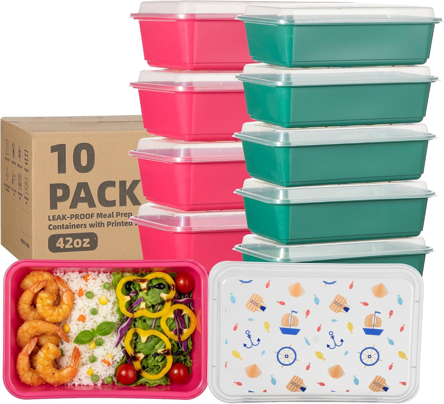 10 Pack 42 oz Meal Prep Containers, Reusable Plastic Food Prep Storage Containers with Printed Lids, Stackable, Leakproof, Microwave & Freezer & Dishwasher Safe,To Go Take Out Box, Avocado