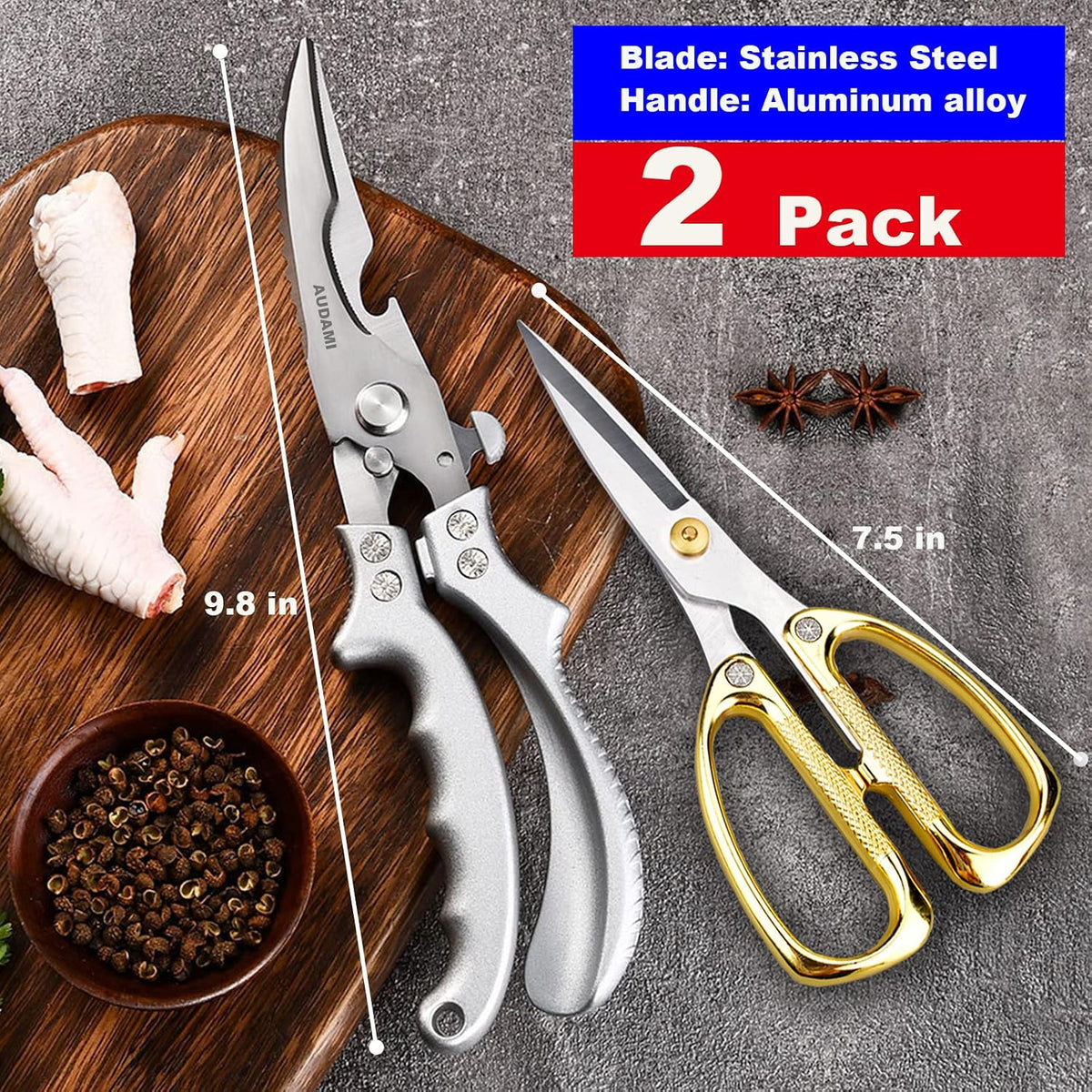 2 Pack Kitchen Shears,Heavy Duty Stainless Steel All-Purpose Poultry Meat Scissors for Cooking-Dishwasher Safe