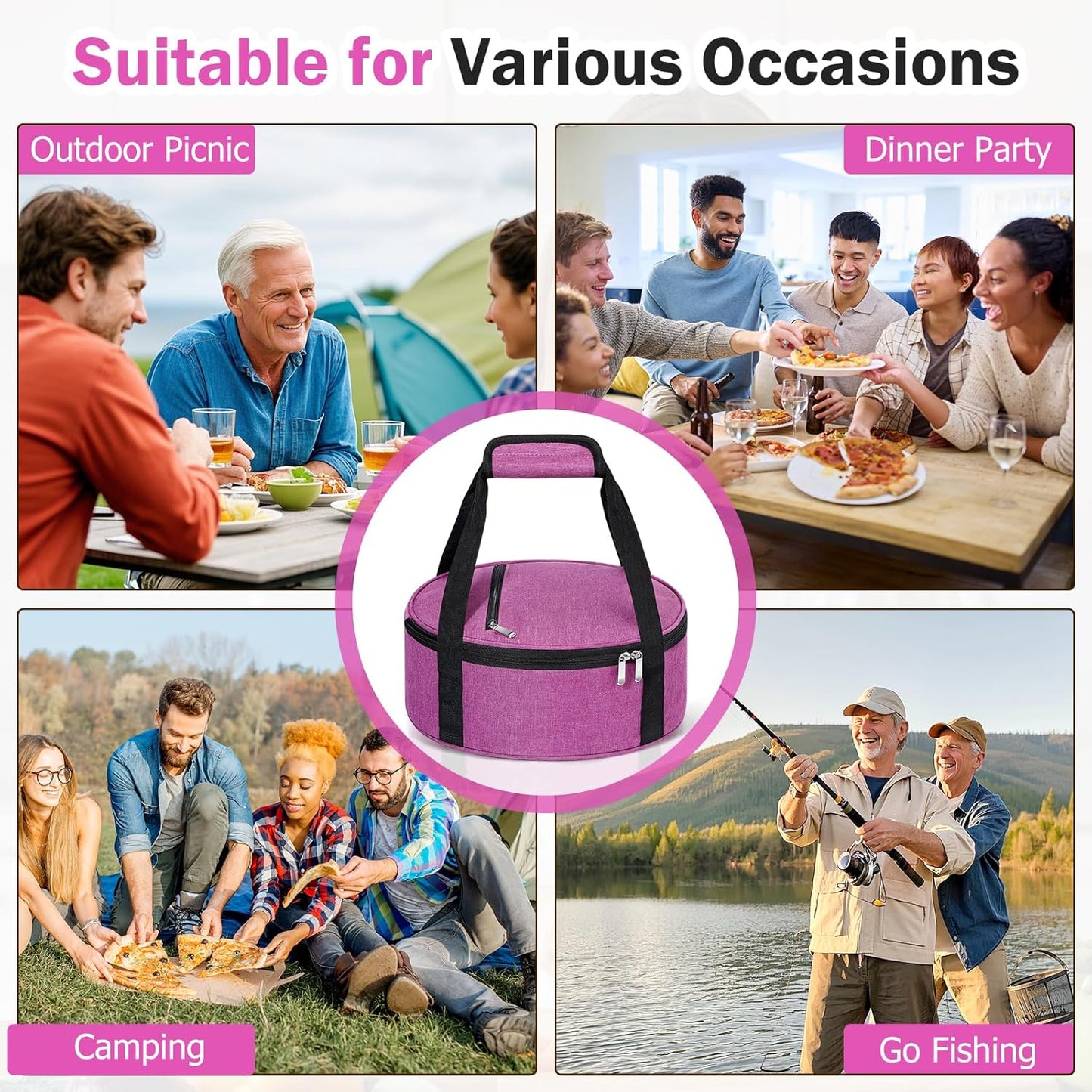 Round Insulated Casserole Carrier – 12" Portable Pie Carrier Bag for Hot or Cold Food, Leakproof Thermal Lunch Tote with Handle for Parties Picnic & Travel - Grey