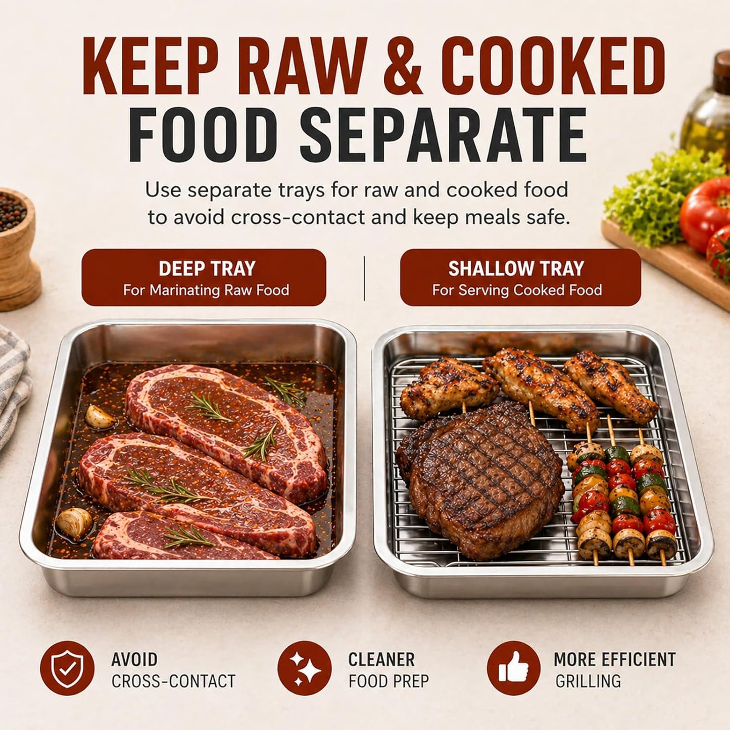 Grill Prep & Serve Tray Set with Lids, 5-Piece Food Prep System for Marinating, Carrying & Serving, Stainless Steel BBQ Trays for Raw & Cooked Food Separation (Rack Included)