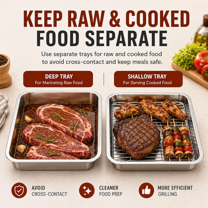 Grill Prep & Serve Tray Set with Lids, 5-Piece Food Prep System for Marinating, Carrying & Serving, Stainless Steel BBQ Trays for Raw & Cooked Food Separation (Rack Included)