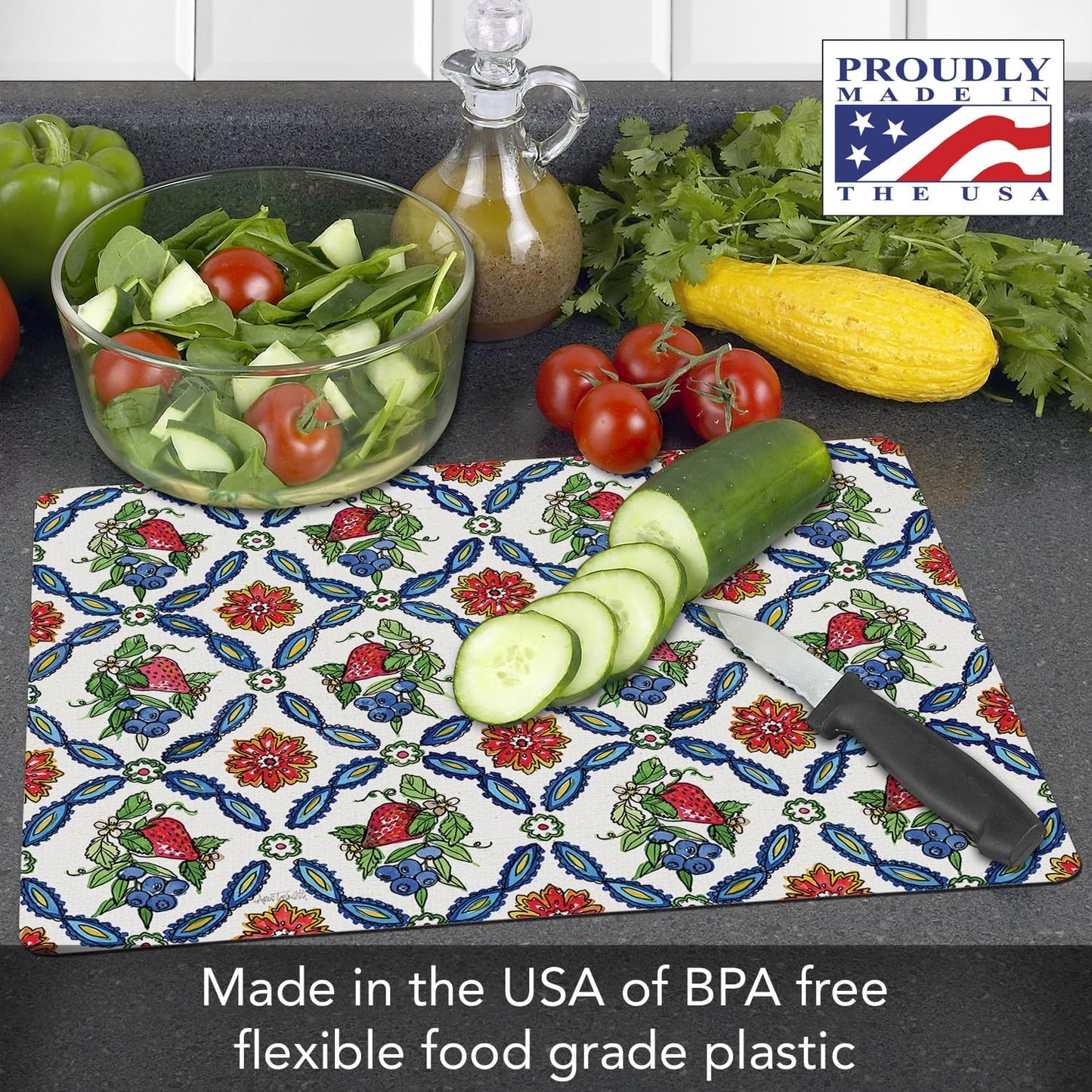 Cut N' Funnel Eat Fresh Designer Flexible Cutting Board Mat 15" x 11.5" Made in the USA Decorative Flexible Easy to Clean
