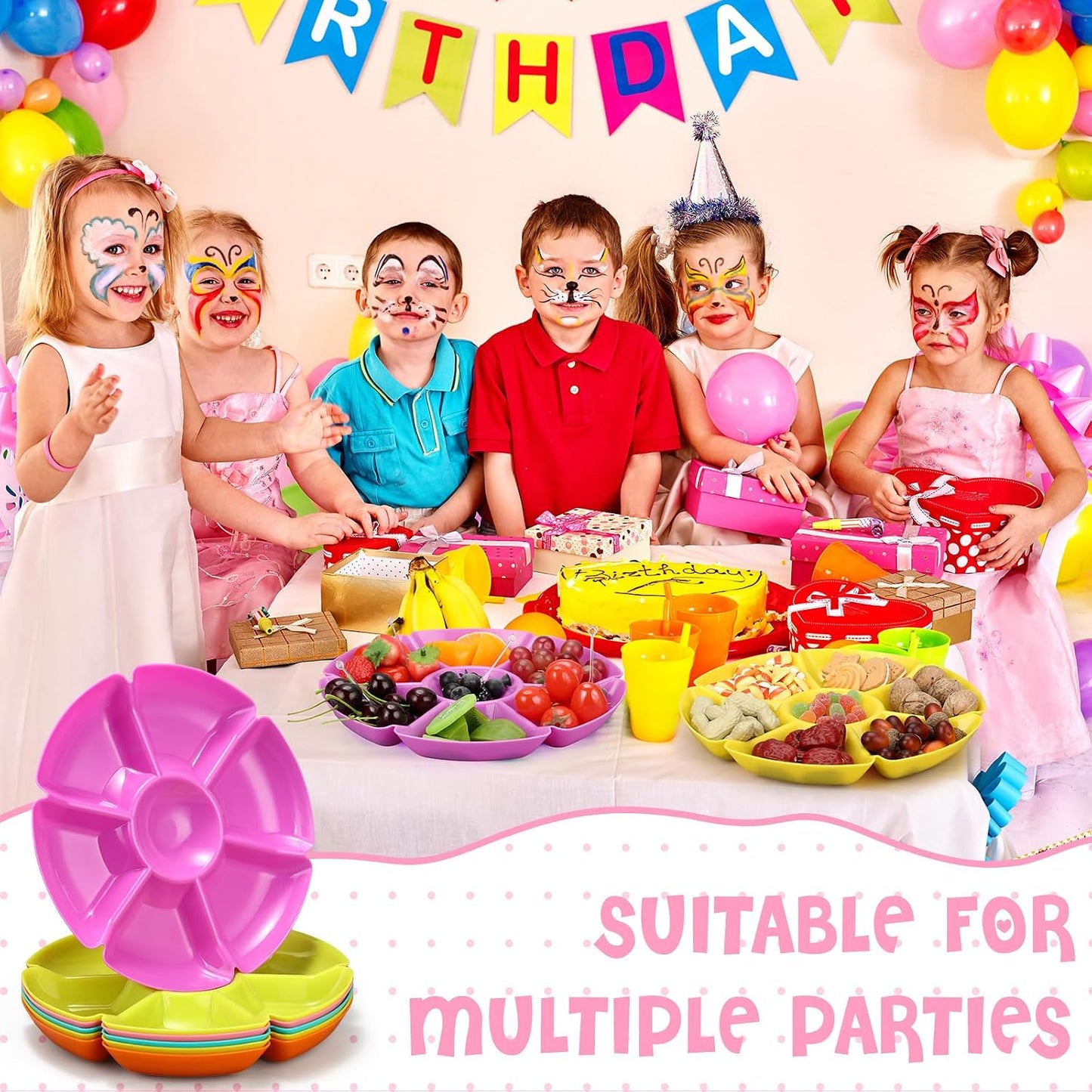 Zhehao 6 Pcs Plastic Divided Serving Trays with 60 Pcs Disposable Fork, 7 Compartments Round Chip Dip Plate, Petal Shape Platter, 10.6'' Snacks Serving Dish for Party Candy Nuts Fruits (Vibrant Color)