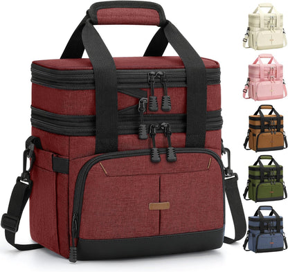Pritent Lunch Box For Men Women Double Deck Insulated Lunch Bag For Men Woman Leakproof Expandable Cooler Bag with Adjustable Shoulder Strap for Kids Shool Work Picnic Camping(Beige,Large)