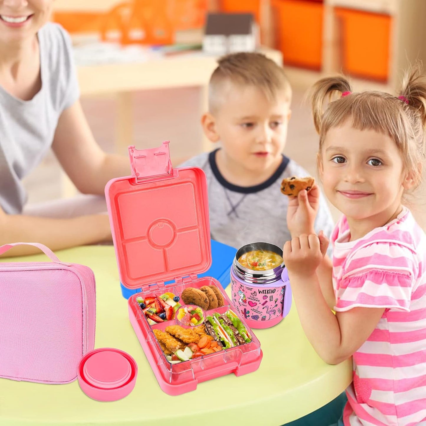 Pawtong Bento Lunch Box Set With 10oz Soup Thermo, Leak-proof Lunch Containers with 4 Compartment, Kids Hot Thermo Food Jar/Insulation Lunch Bag, Food Containers for School（Dinosaur）