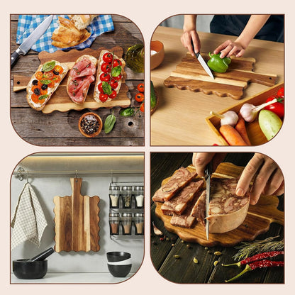 Novabright 2 Pcs Acacia Wood Scalloped Cutting and Chopping Board with Handle Decorative Cutting Boards for Kitchen Wooden Charcuterie Boards Serving Tray for Cheese Meat Fruit Bread Baking