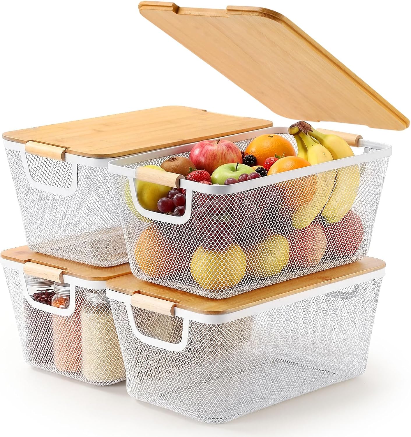 Geelin 4 Pcs Metal Wire Basket with Wooden Handles and Bamboo Lids 12.2 x 8.27 x 5.51 Mesh Steel Basket Stackable Storage Bins Organizer Containers for Vegetables Fruit Home Cabinet Pantry(White)