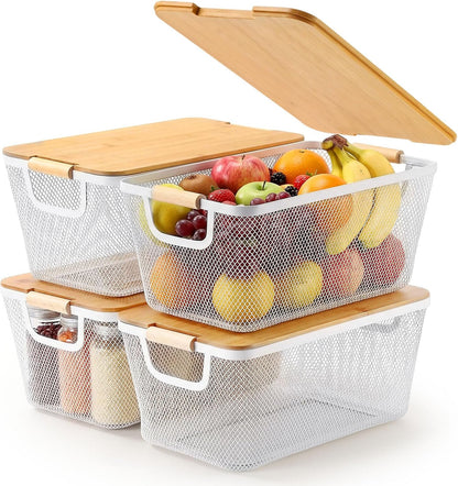 Geelin 4 Pcs Metal Wire Basket with Wooden Handles and Bamboo Lids 12.2 x 8.27 x 5.51 Mesh Steel Basket Stackable Storage Bins Organizer Containers for Vegetables Fruit Home Cabinet Pantry(White)