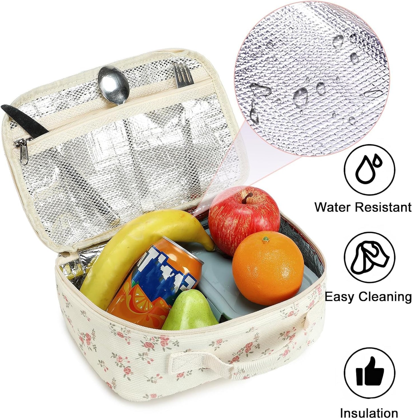 Bluboon Insulated Lunch Bag for Girls & Boys, Corduroy School Lunch Box with Cooler & Organizer Compartments, Leak-Proof Lunch Tote for School, Travel (Corduroy Strawberries Beige)