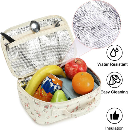 Bluboon Insulated Lunch Bag for Girls & Boys, Corduroy School Lunch Box with Cooler & Organizer Compartments, Leak-Proof Lunch Tote for School, Travel (Corduroy Strawberries Beige)