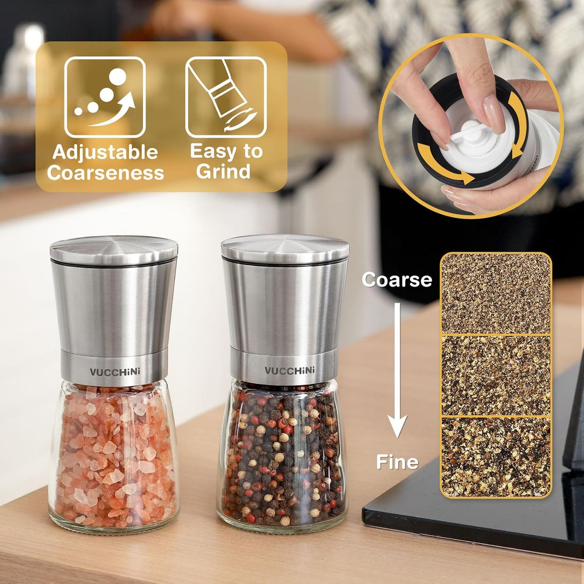Vucchini Gold Salt and Pepper Grinder Mill Adjustable Coarseness Ceramic