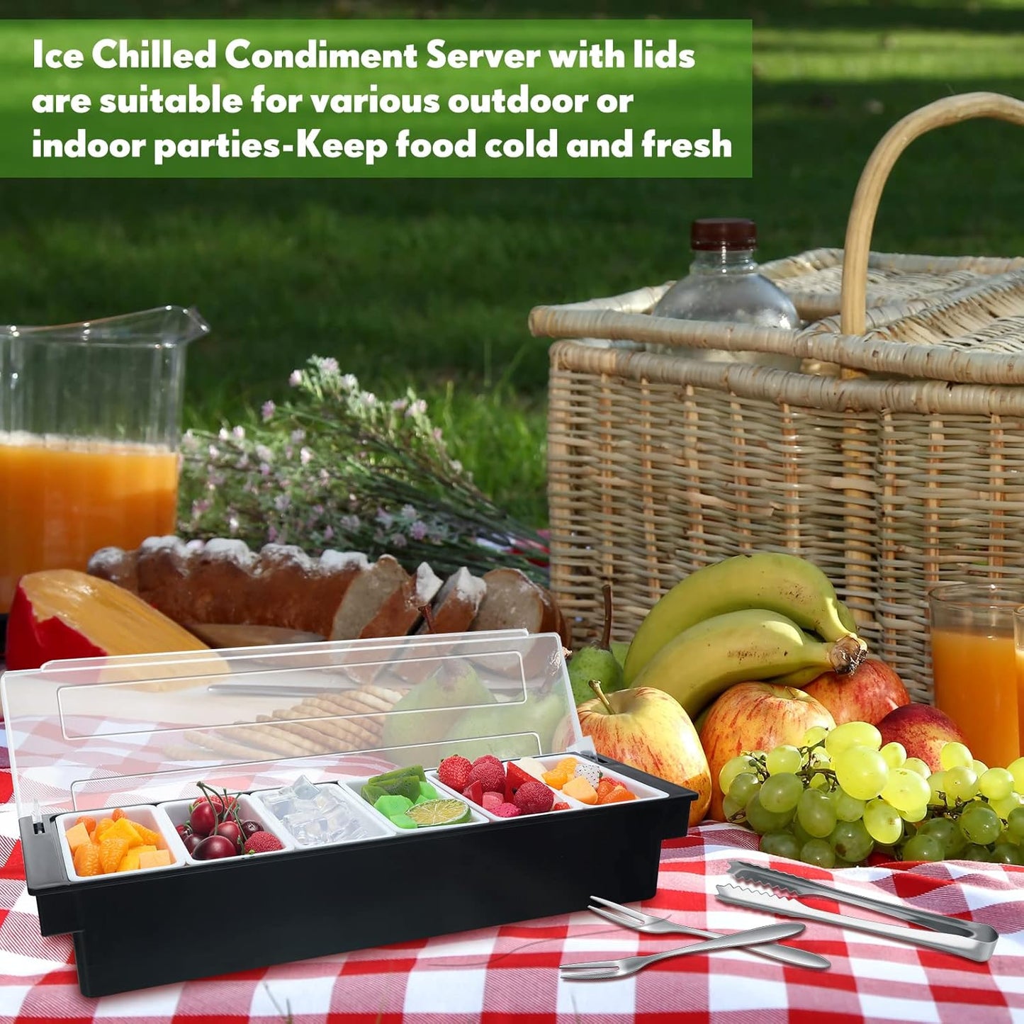 2 Ice Cooled Garnish Tray Deck Bar Garnish Caddy Condiment Containers with Lids and Removable Chilled Condiment Server with 6 Tongs and 6 Fruit Forks (6 Compartments)