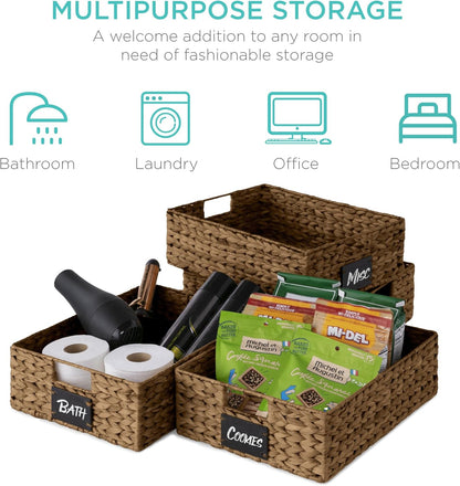 Best Choice Products Set of 4 9x12in Water Hyacinth Pantry Baskets, Woven Organizers w/Chalkboard Label, Chalk Marker - Natural
