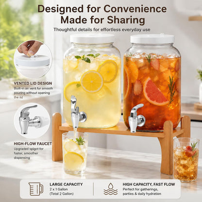1 Gallon Large Glass Drink Dispensers with Stand for Parties, Glass Iced Beverage Dispensers with Spigot, Reusable Water Dispenser Countertop (2 Pack)