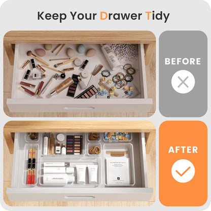 【Military Grade】A-LuGei Drawer Organizer, 【𝟱𝗦𝗶𝘇𝗲】 Makeup organizer, 【Holds 177 Items】 Bathroom Organizers and Storage, Organization and Storage, Desk Drawer Organizer for Vanity (Clear)
