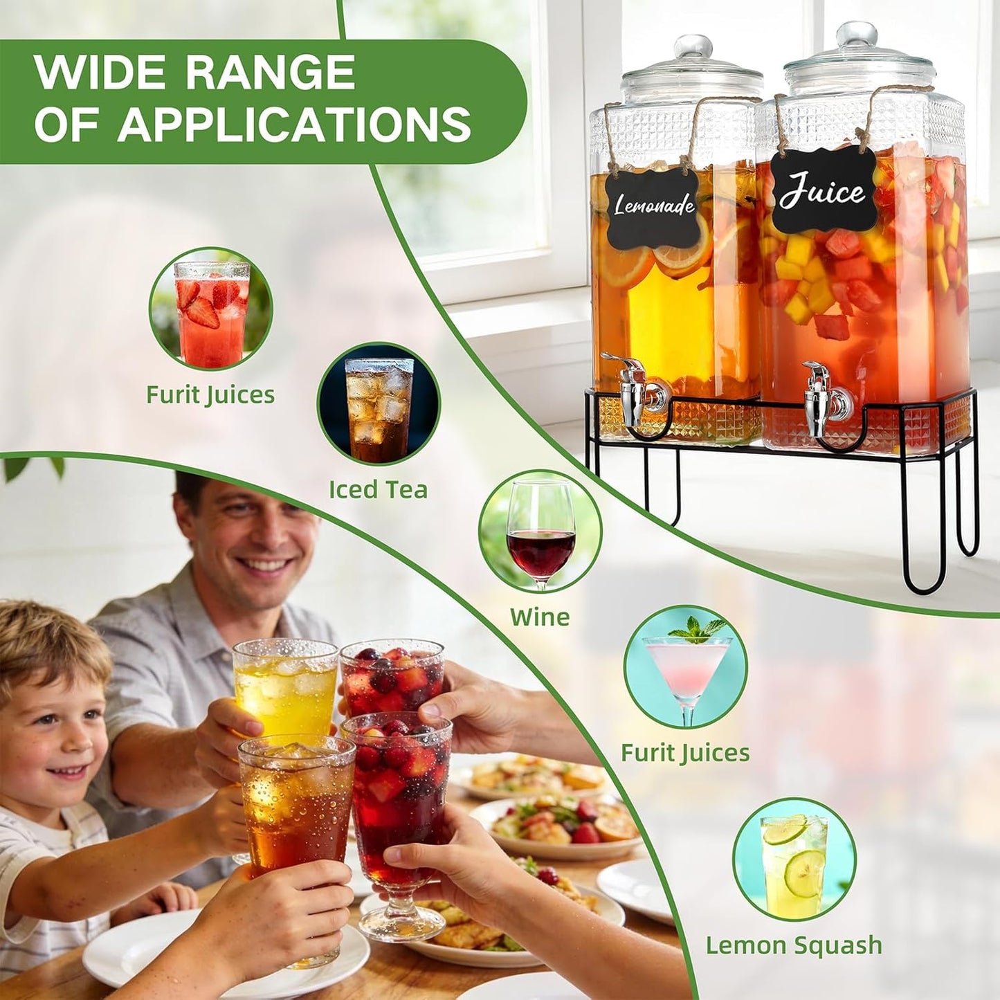 2 Gallon Glass Drink Dispensers For Parties，Lemonade Beverage Dispenser With Stand And Spigot For BBQ, Picnic, Party,Laundry Detergent Dispenser