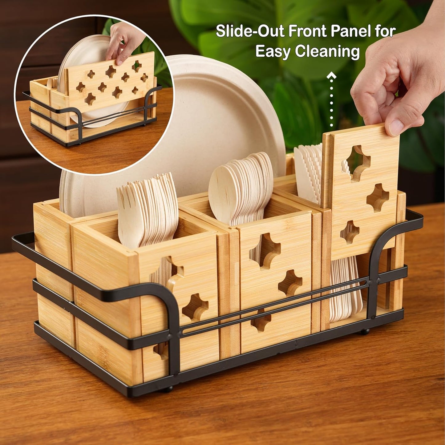 Silverware Caddy Wood Utensil Holder Cutlery Flatware Paper Plate Dispenser Organizer for Spoons Forks Plates Napkins (Acrylic)