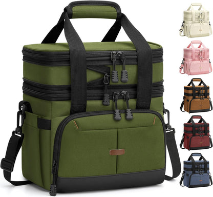 Pritent Lunch Box For Men Women Double Deck Insulated Lunch Bag For Men Woman Leakproof Expandable Cooler Bag with Adjustable Shoulder Strap for Kids Shool Work Picnic Camping(Beige,Large)