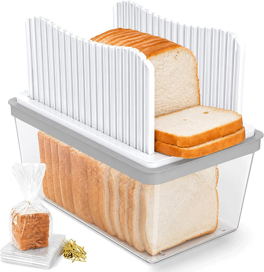Bread Slicer for Homemade Bread, Foldable Manual Bread Slicer with Adjustable Slicing Guide and Crumb Tray, Even Bread Cutter for Sourdough, Sandwich Bread, Toast, Loaf Cakes, Compact Kitchen Tool