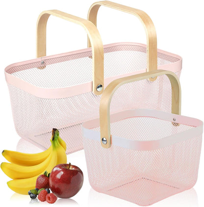 Coloful Metal Mesh Wire Basket with Foldable Wooden Handle,Bin Garden Fruit Vegetable Storage Hanging Harvest Holder for Kitchen Bathroom Picnic (Yellowish Green, Cuboid-15.7 x 9.5 x 7.2“)