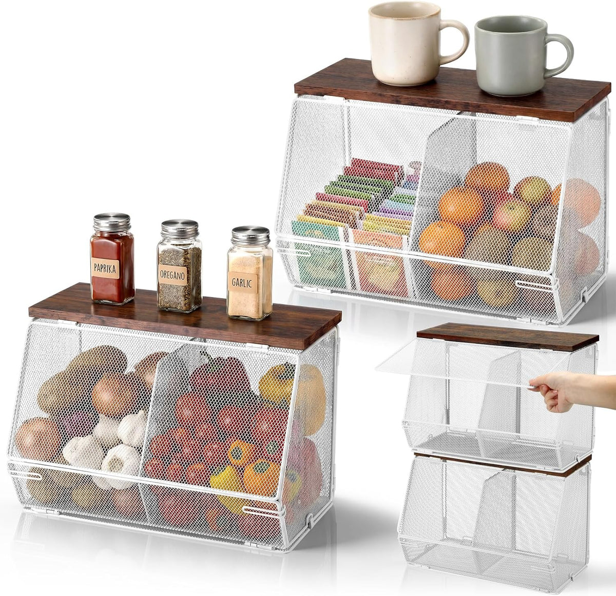 Teenyyou 2 Pcs Stackable Mesh Fruit Basket with Lid Wall Produce Vegetable Storage Basket Onion Potato Hanging Metal Wire Container for Kitchen Counter Pantry(Non-removable,Black,8.3" w & 13.8" l)